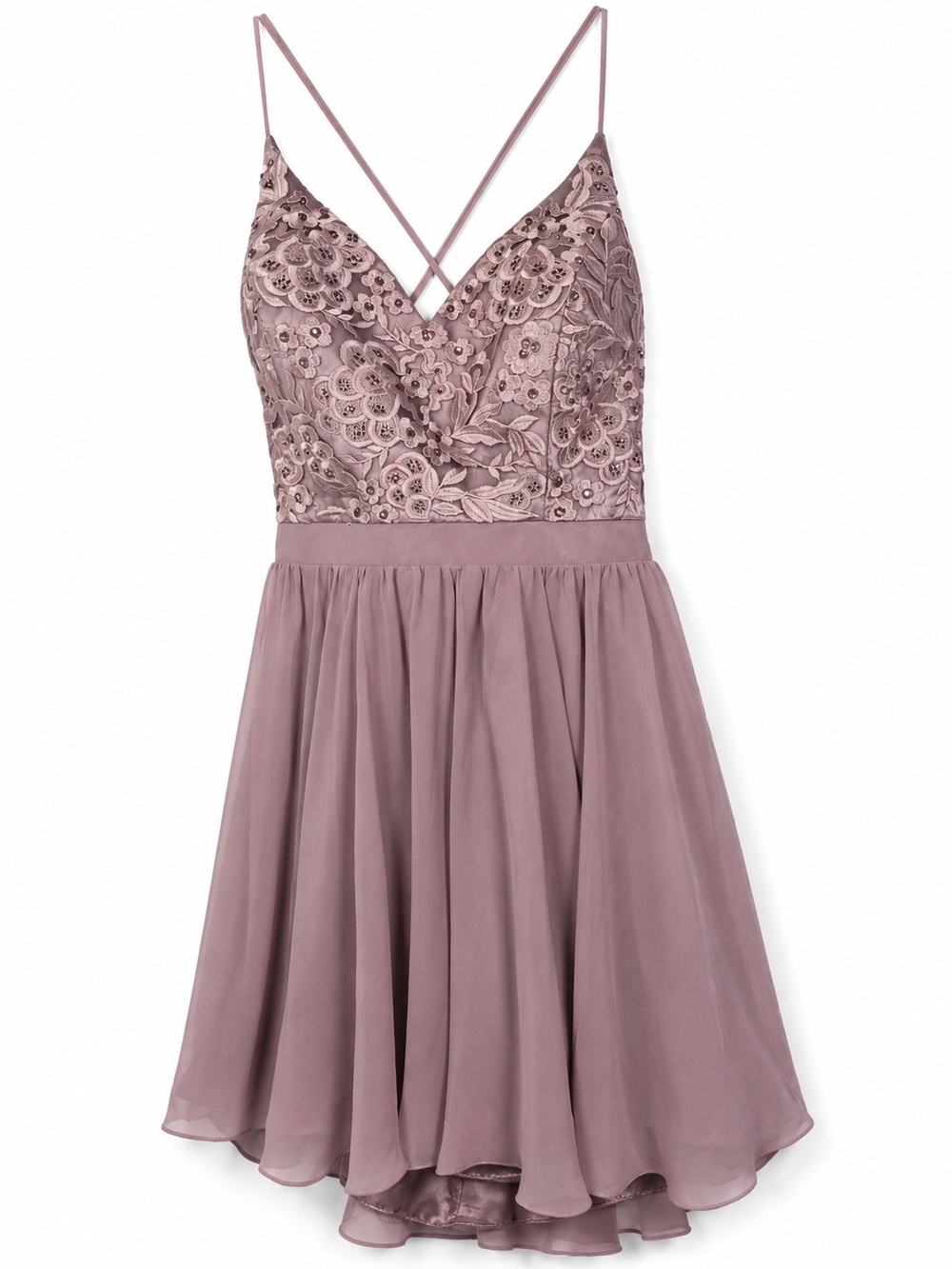 PromGirl Mauve Lace Bodice Chiffon Skater Dress